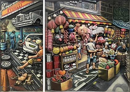 Panels by Louise Solway Chan expressing Hong Kong: a metropolis of contradictions.