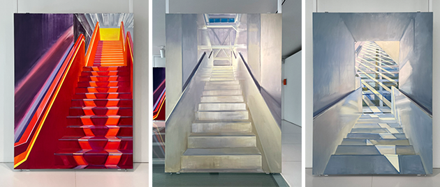 Exhibition title A Matter Of Time by Latvian artist Vineta Kaulaca (1971-) presented on the fourth floor attic/exhibition area. The large-scale paintings depict the staircase featured in Image 20, above (July 16, 2023). Photographs (author’s collection)
