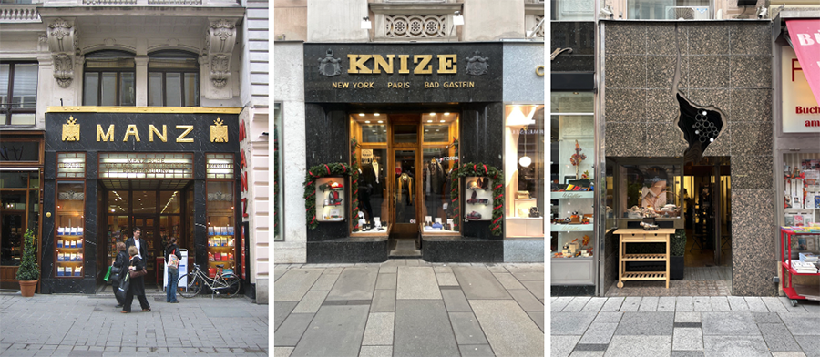 Manz bookstore and Knize by Adolf Loso; Schullin 1 by Hans Hollein-photographed 2023 (author’s collection)