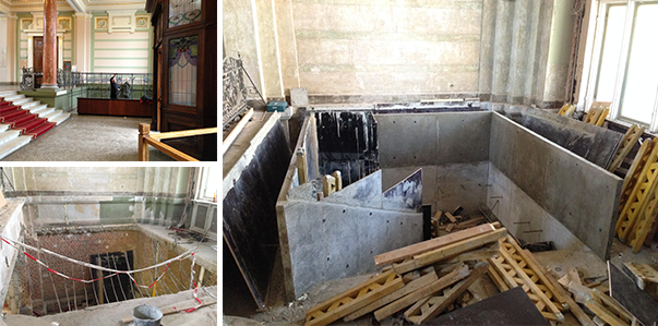 Image 12: View of the previous cloakroom space (top left), removal of the floor slab (bottom left), and the pouring in place of new concrete stairwell (courtesy of Processoffice)