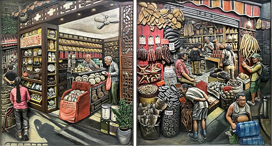 Panels by Louise Solway Chan expressing Hong Kong: a metropolis of contradictions.