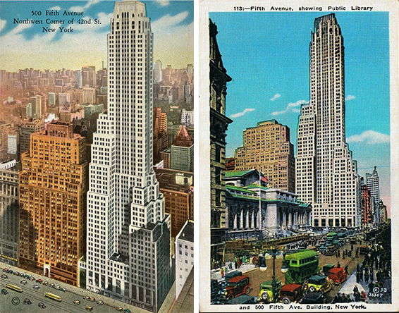 Vintage New York Postcards showing the skyscraper at the intersection of 42 street and 5th avenue