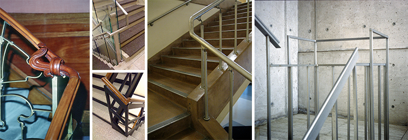 Comparative images of the handrail details at the landing of a staircase.