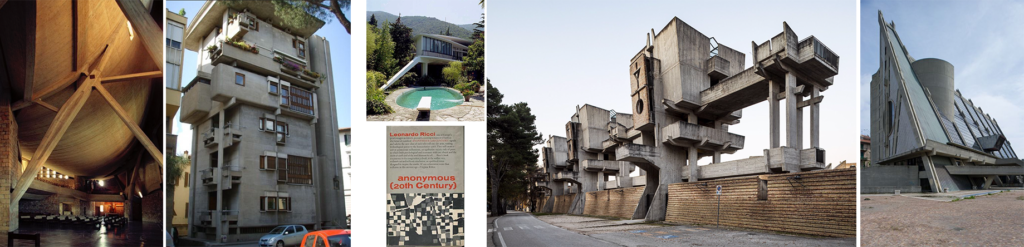 This image is a compilation of the work of Michelucci and Savioli, followed by Ricci's work with the Balmain House, the book Anonymous Twentieth Century, Cemetery at Jesi and the Palace of Justice in Savona, all in Italy