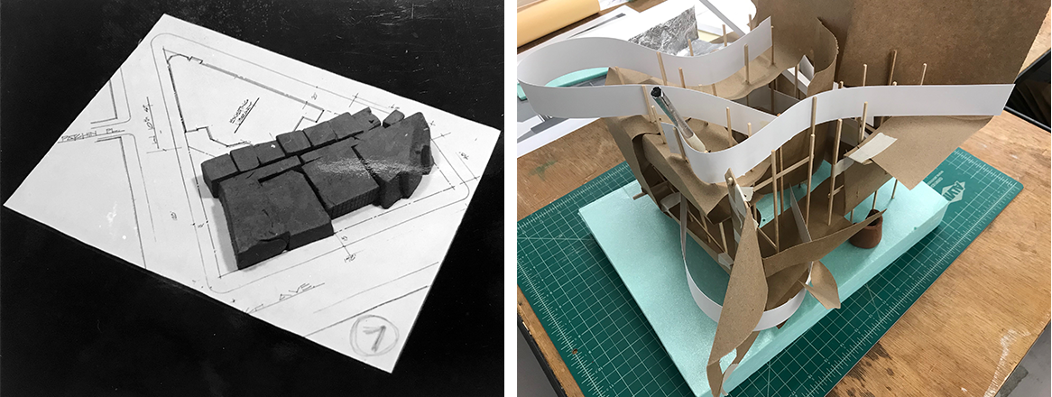 two mass modeling 1. plasticine of a small school in NYC 2. sketch model of a student's project with various materials