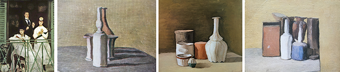 Édouard Manet, The Balcony (1868-69), and Georgio Morandi (still life, 1949, 1950 and 1949)