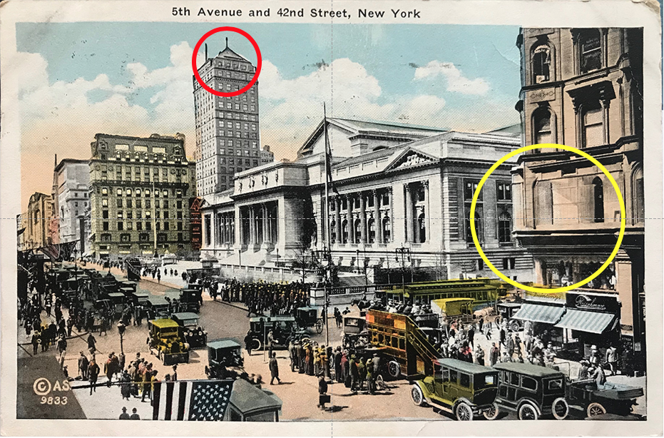 Vintage Postcard of the New York Library with red circle indicating where I attended the IAUS