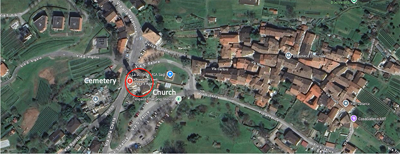 Google Maps -Location of church and cemetery to the village (author's collection)