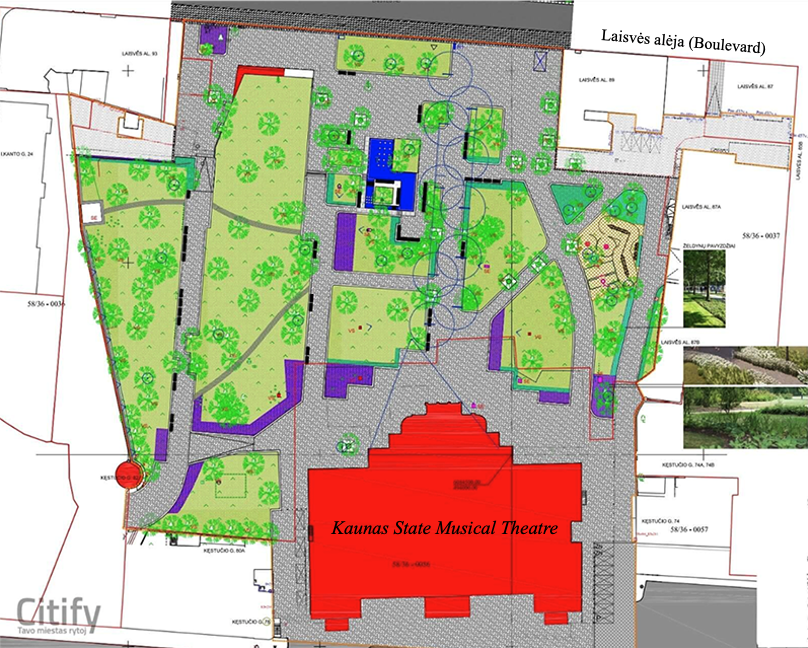City.eu -landscape plan of City Garden, fountain, and Kaunas State Musical Theatre