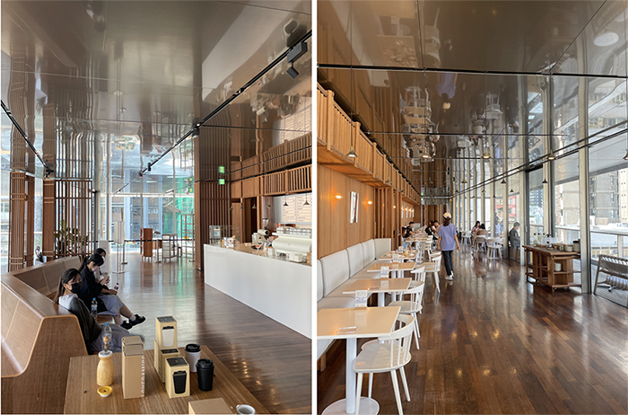 Entrance and café space, dining area with outside terrace facing north. Photographs were taken when it was Between Coffee (author’s collection)