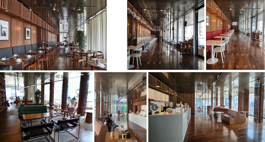 Google images and author’s photographs -comparison from left to right of lounge/café space (top, and dining area (bottom) between three tenants Old Bailey (2108-2020), Between Coffee (2020-2024) and Tozzo (2024-present). Interesting to note how furniture changes the atmosphere of each space.