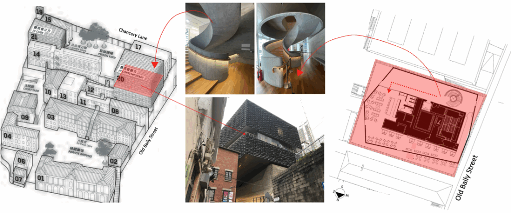 Google Images -site plan Tai Kwun, and second floor plan of Between Coffee (H&dM web site); photographs (author’s collection). The view from Staunton street was taken during construction. Note in the plan that the original design called for additional seating at the lounge/bar and throughout the café. I prefer the current layout that is more spacious (Image 3) compared to the first tenant Old Bailey (Image far right).