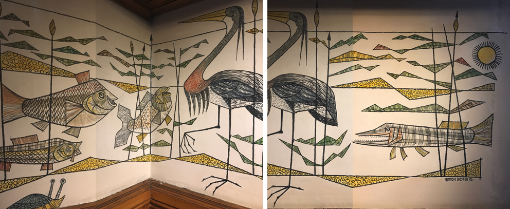 Scene of a stork and exotic fish from Netton Bosson, Gruyères, Switzerland