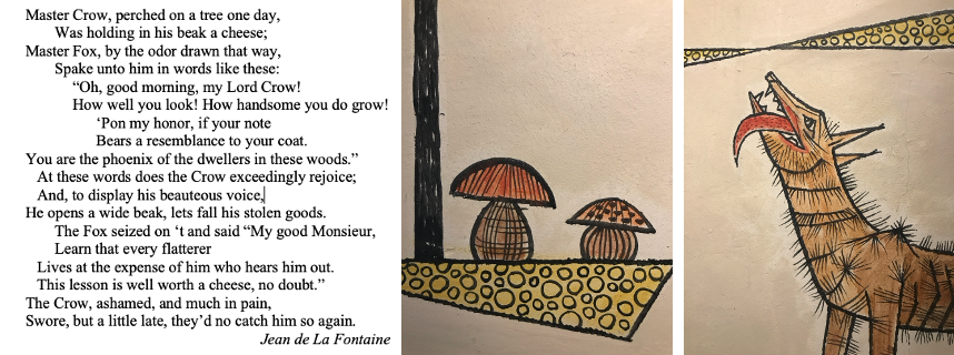 fable The Crow and the fox by Jean de La Fontaine, and details of mural (author’s collection)