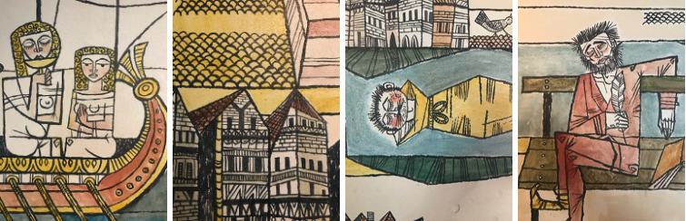 close up of the left hand scene François Villon’s poem titled Ballade des dames du temps jadis Netton Bosson, Gruyères, Switzerland