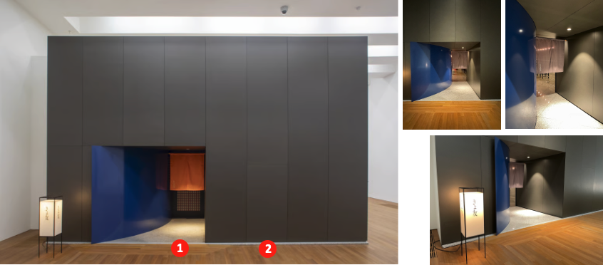 Google Images -Photograph of reconstituted entrance at M+, (main 1. and service or tradesmen’ door called katteguchi in Japanese 2), and detail photographs of the entrance sequence giving a sense of compression (author’s collection)
