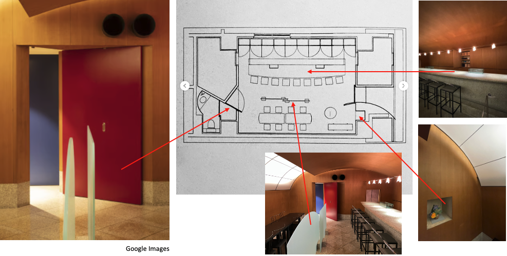 Google Images -Plan of sushi bar and left photograph, and photographic survey of interior (author’s collection). Note the red door being larger than the opening to the bathroom.