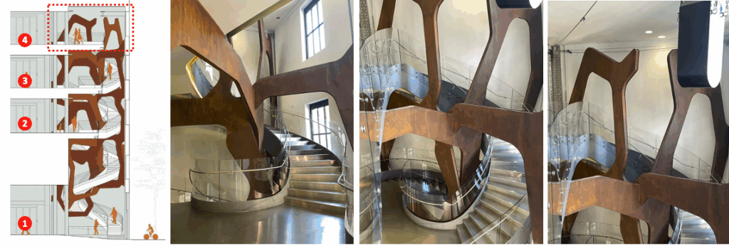 Google section of staircase (annotated by author), and photographs of staircase of the fourth floor (author’s collection)