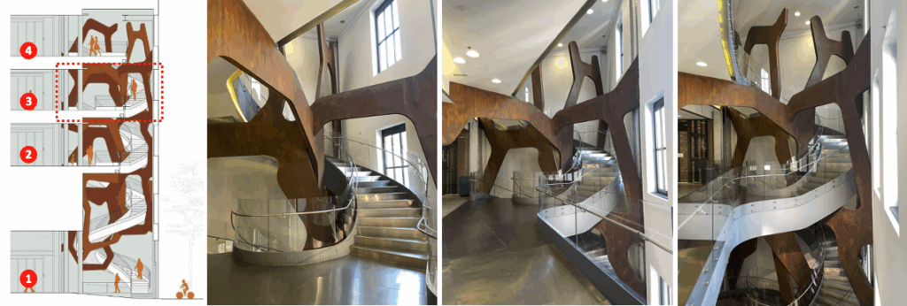 Google section of staircase (annotated by author), and photographs of staircase of the third floor (author’s collection)