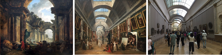 Google Images - painting by Hubert Robert titled Imaginary View of the Grand Gallery of the Louvre in Ruins," created around 1796, and Project for the Grande Galerie of the Louvre (1801). View of the same gallery taken in 2020 (author’s collection).
