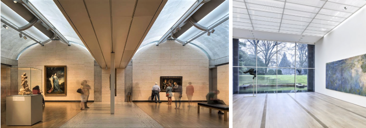 Google Images -contemporary solutions offered at the Kimbel Art Museum by Louis I. Kahn, and the Fondation Beyeler by Renzo Piano giving even illumination.
