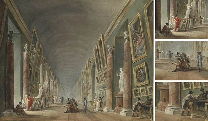 Google Images -painting by Hubert Robert titled Project for the Grande Galerie of the Louvre (between 1801-1805). Note the center two characters are similar to the 1795 painting, to the exception that the bystanders is more engaged by hovering over the copyist.