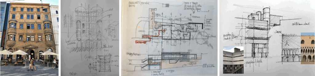 Street façade in Brno, and sketch of it; analysis of Eileen Gray’s E-1027 house, and sketch of La Tourette and comparison with Doge’s Palace in Venice (author’s collection).