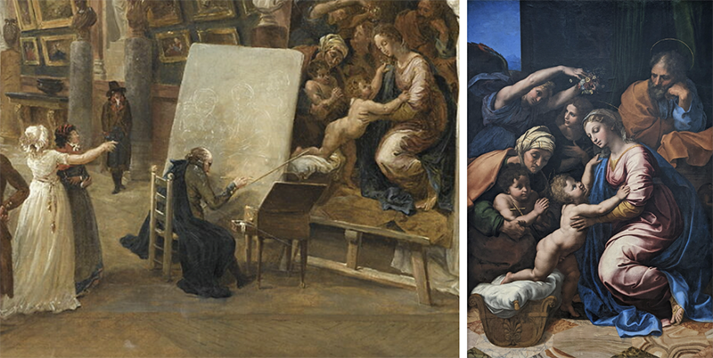  detail of far right side (author’s collection), and Rafael’s painting The Holy Family of Francis I (Google Images)