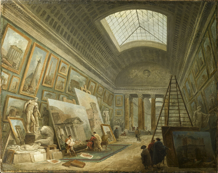 Google Images -painting by Hubert Robert titled Une galerie de musée consacrée a l’art de la Rome antique (vue imaginaire de la Grande Gallerie du Louvre?) (1789).
