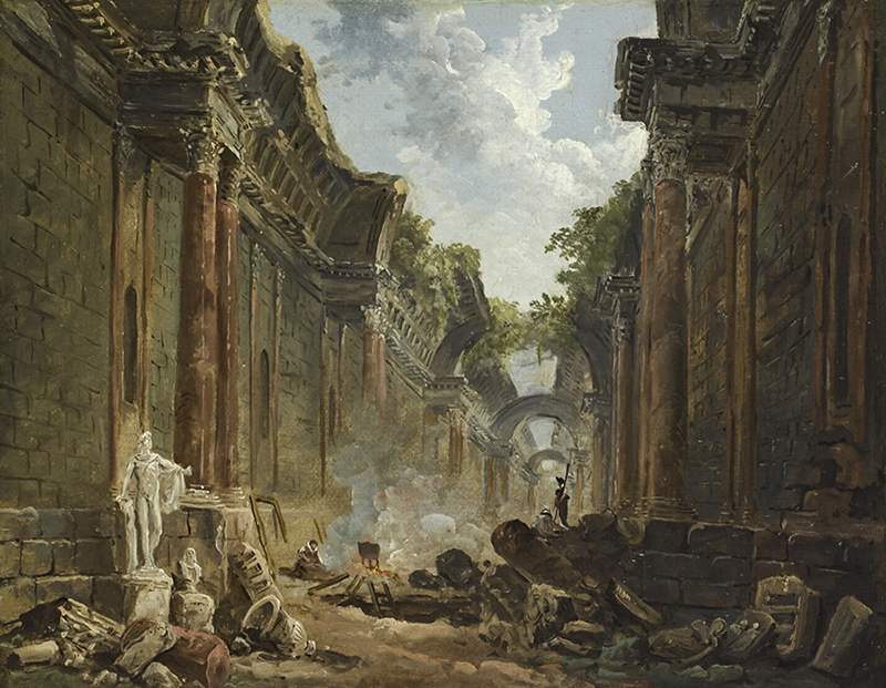 Google Images -painting by Hubert Robert titled vue imaginaire de la Grande Galerie du Louvre en ruines (1796).