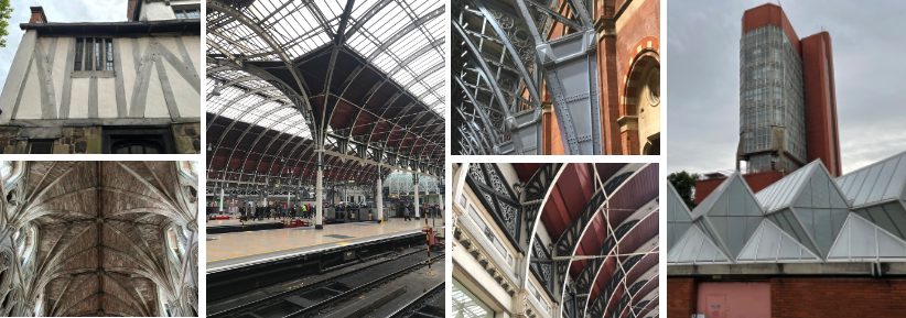 Half-timbered house, Gothic, 19th century train station, and modern factory (author’s collection)