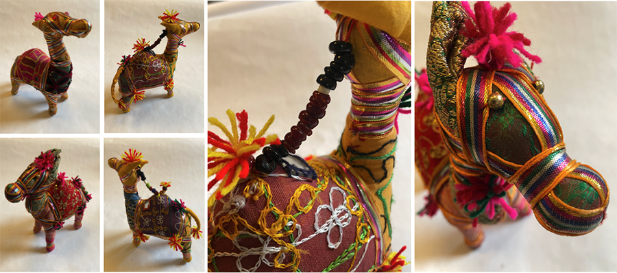  stuffed camels and details of beads and zari trim around the head (author’s collection)