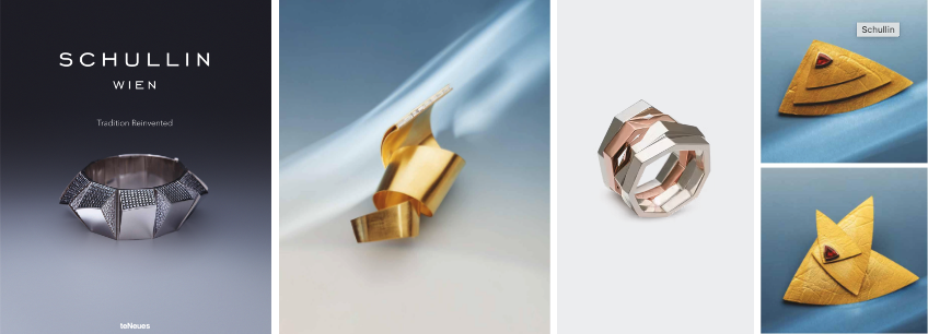 Google Images: cover of book and examples of Schullin’s work. Works with blue background vintage Schullin, and middle right, a 2025 “octagonal II” ring designed by daughter Oriane Schullin.