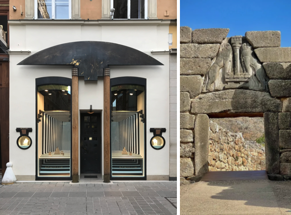 Conjectural cultural recall comparison between Schullin 2 (author’s collection), and the Lion Gate keystone entrance (1250BCE) at Mycenae, Greece (Google Images)