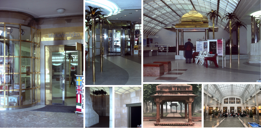 Austrian Airlines/travel agency -entrance which still exists, inside foyer, overview of interior space and details of metaphorical oasis with its stylized palm-like trees, and pavilion. Fatehpur Sikri pavilion. Of course, one cannot omit Hollein’s quotation of Otto Wagner’s Postsparkasse in the treatment of the interior ceiling (author’s collection).