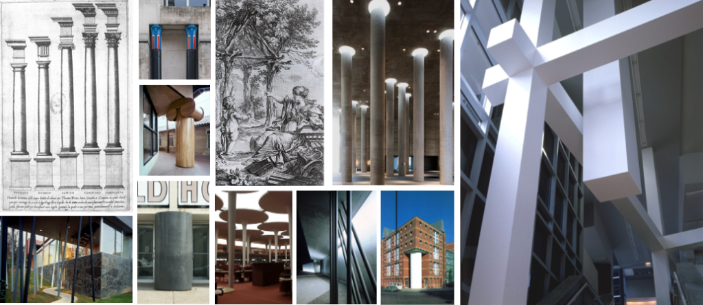 Google Images -columns by Vitruvius, Rem Koolhaas, Robert Venturi, Primitive Hut by Laugier, Axel Schultes, Frank Llyod Wright, Zaha Hadid, Aldo Rossi, and Peter Eisenman.