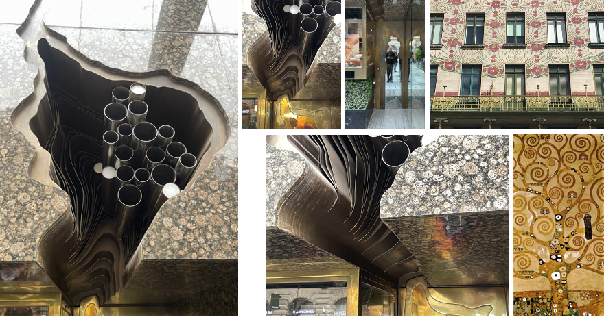 Front façade of Schullin 1, and detail above entrance (author’s collection 2023). Google Images, detail Tree of Life by Gustav Klimt reminiscent of Hollein’s choice of the granite for the exterior façade as well as the decorative aspects on the Majolikahaus façade designed by Otto Wagner.