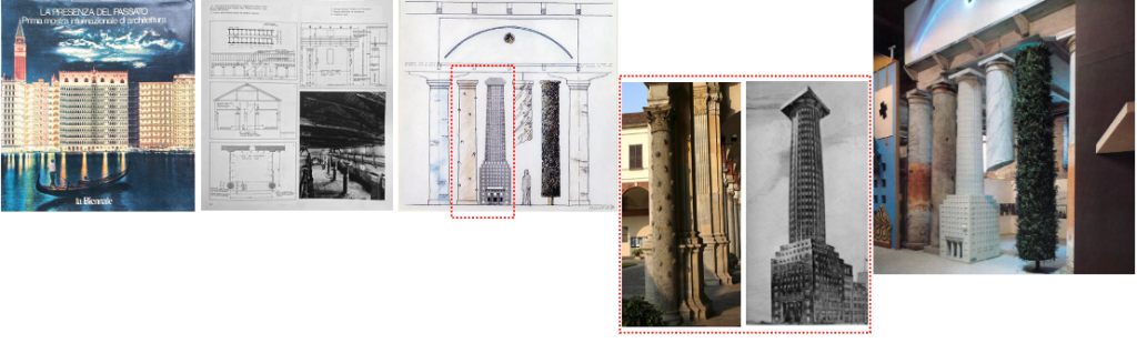 Book cover of the first Venice Architecture Biennale in 1980, titled La Presenza del Passato and layout of the street at the Corderia (author’s collection), Hollein’s sketch drawing of the portal to the exhibition area of his own work, and actual photograph of the Strada Novissima. Reference to columns of Bernini and Adolf Loos for Hollein’s Venice façade) (Google Images).