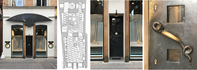 Schullin 2 -street façade, plan, door entrance, and door handle detail—by sculptor Gero Schwanberg whose decade long relationship forged between Hollein, reflects the early turn of the century collaborations between various métiers (author’s collection)