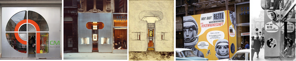 Google Images: Photographs of completed Christa Metek Clothing Boutique, and Retti store. Sketch by Hollein and photographs on construction screens.