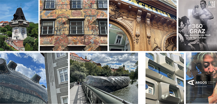 Google Image -Gratz clock tower. Images of downtown Graz, exhibition poster, Kunstmuseum, Murinsel, Argos residence, and poster of its architect (author’s collection)