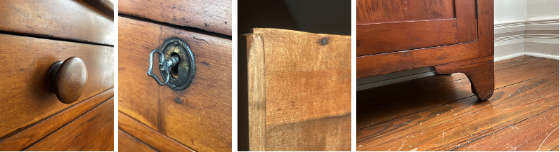 Turned wood knob that are fastened by screws and not threaded; keyhole with escutcheon and key, nail attachment on back side bottom panel, and bracketed feet that are not part of the box panel (author’s collection)