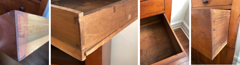 Top drawer with front and back dovetail corner details. The front of the drawers features half-blind (or lapped) dovetails while the back featuring through-dovetails. Note the edge of the bottom panel that shows an irregular cut (hand work and not machine-cut) as well as being tapered as it engages in a groove on the drawer’s side. Middle drawer with front dovetail detail. (author’s collection)