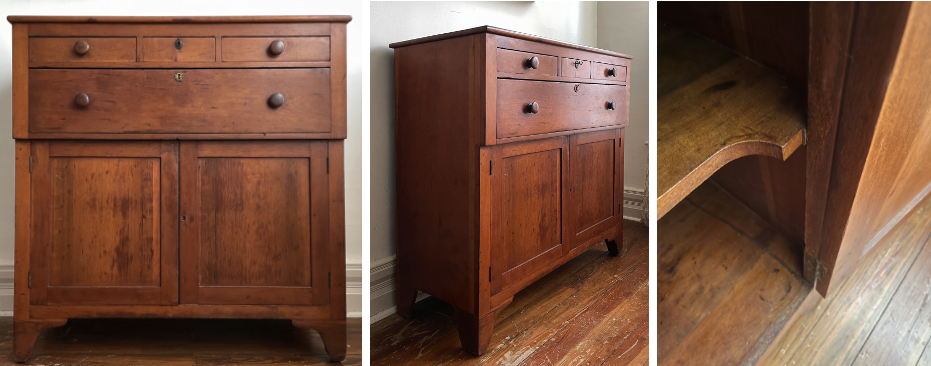 frontal and side view of cabinet with interior detailing of bottom storage shelf (author’s collection)