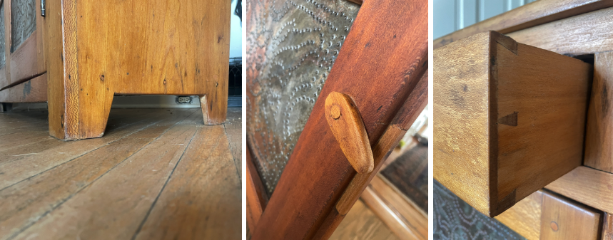 Pie safe feet, wooden turn button, and drawer dovetail (author’s collection)