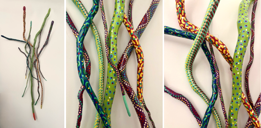 Composition and detail of seven folk art snakes in a Manhattan loft (courtesy of owner)