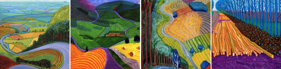 Paintings by David Hockney—Garrowby Hill (1998); North Yorkshire (1977); Going up Garrowby Hill (2000); and Winter Timber (2009) (Google images)