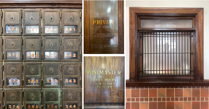 Traditional of the period -original brass mailbox doors, entrances with hand painted letters, and screen shielding the counter (author’s collection)