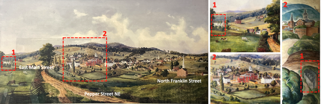  Panorama of Christiansburg circa 1855, and details from mural (author’s collection)