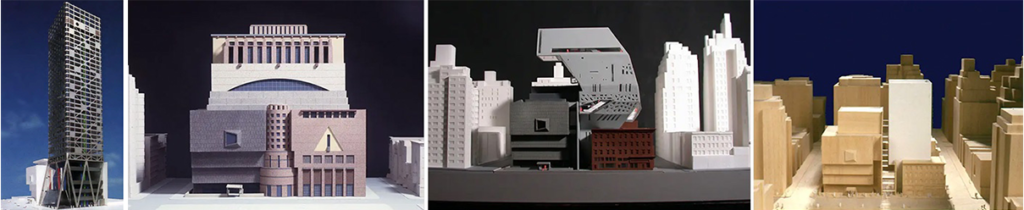 Competition models by four architects for the extension of the Whitney Museum